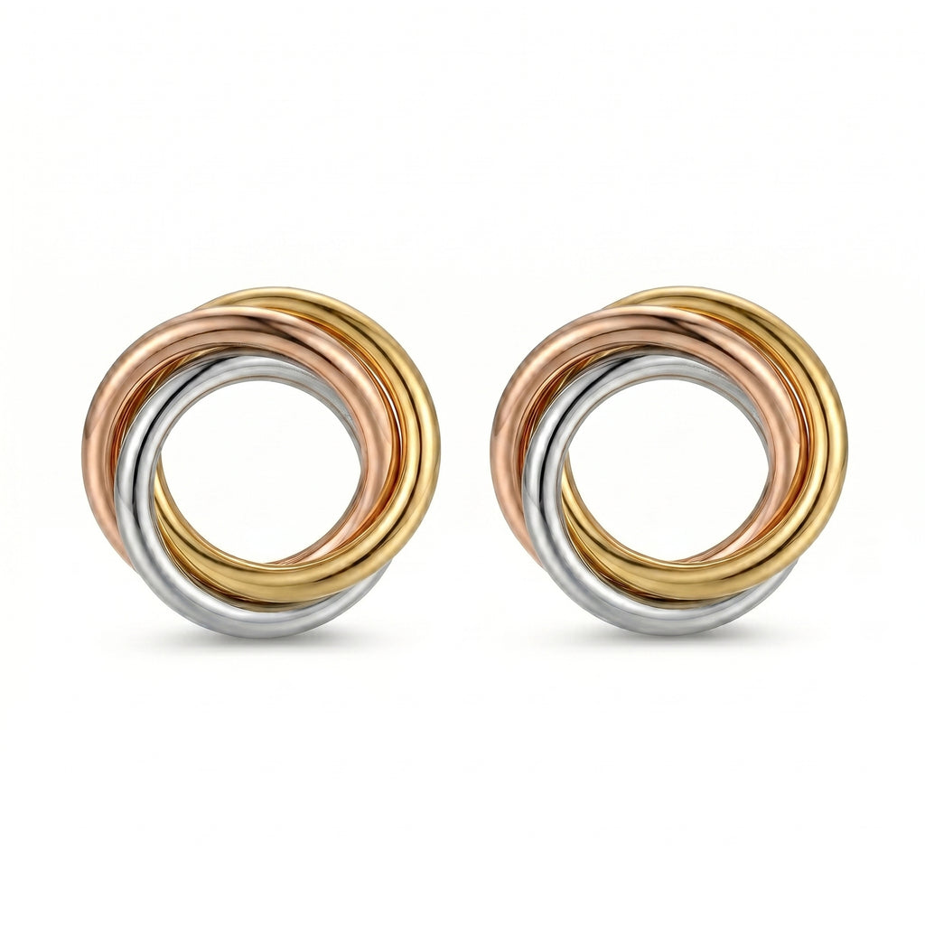 ต่างหูสแตนเลสแท้ 316L สีทรีโทน ดีไซน์วงกลมสามกษัตริย์ไขว้ (Triple Rolling Rings) สไตล์พรีเมียมมินิมอล ไม่ลอกไม่ดำ [The Trinity Harmony Studs]