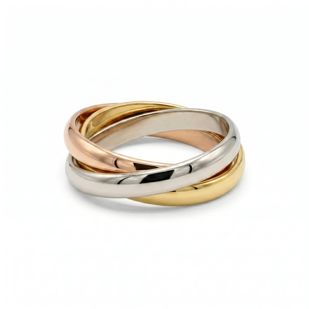 แหวนสแตนเลสแท้ 316L สีทรีโทน ดีไซน์วงกลมสามกษัตริย์ไขว้ (Triple Rolling Rings) สไตล์คลาสสิกพรีเมียม ไม่ลอกไม่ดำ [The Trinity Harmony Ring]