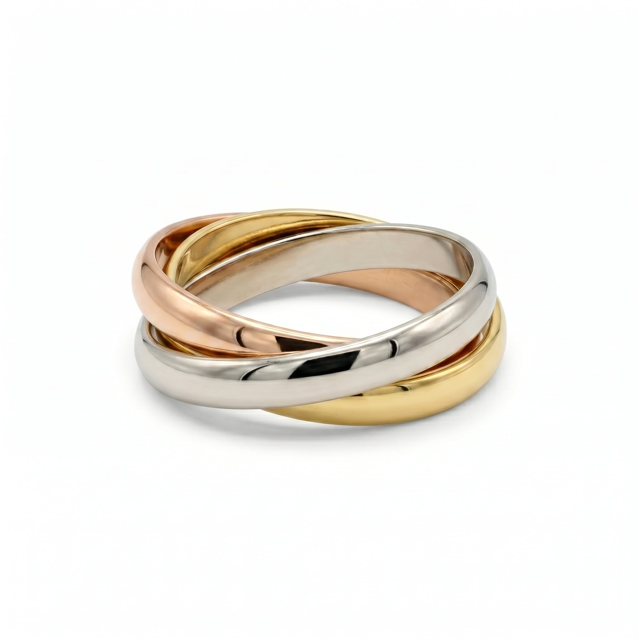 แหวนสแตนเลสแท้ 316L สีทรีโทน ดีไซน์วงกลมสามกษัตริย์ไขว้ (Triple Rolling Rings) สไตล์คลาสสิกพรีเมียม ไม่ลอกไม่ดำ [The Trinity Harmony Ring]