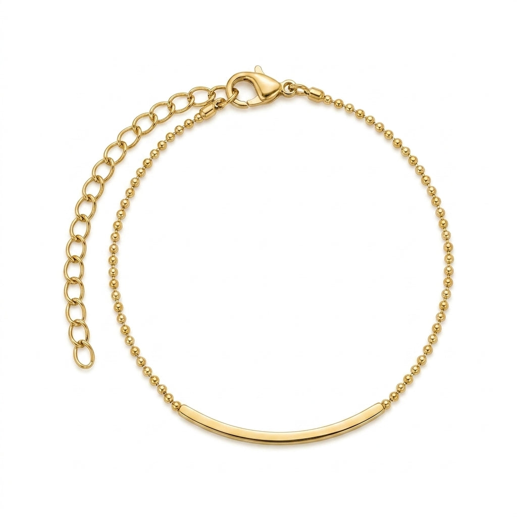 สร้อยข้อมือสแตนเลสแท้ ลายไข่ปลาประดับบาร์เงาสไตล์มินิมอล (Minimalist Gold Ball Chain Curved Bar Bracelet)