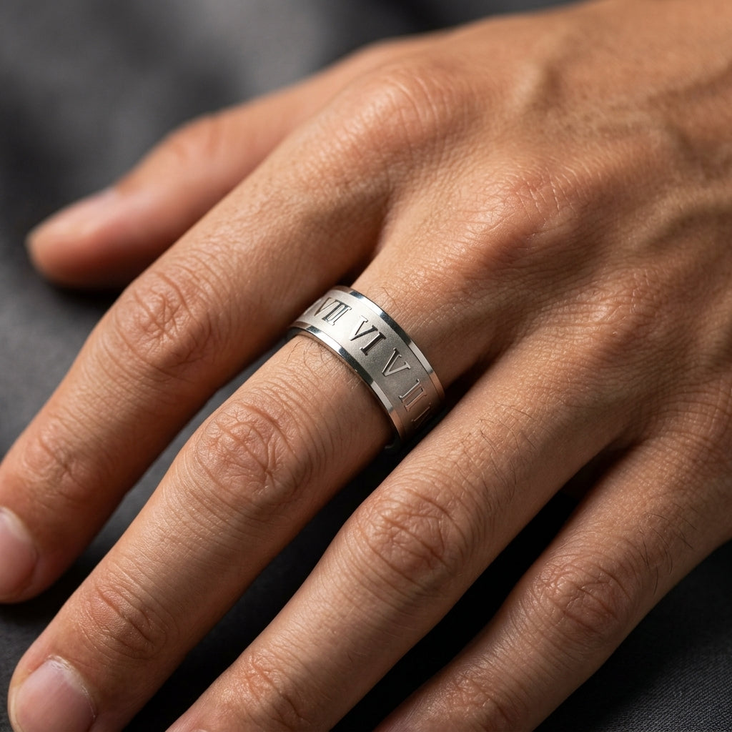 แหวนสแตนเลสแท้ สลักตัวเลขโรมันขัดด้านซาติน (Classic Matte Satin Roman Numeral Band Ring)