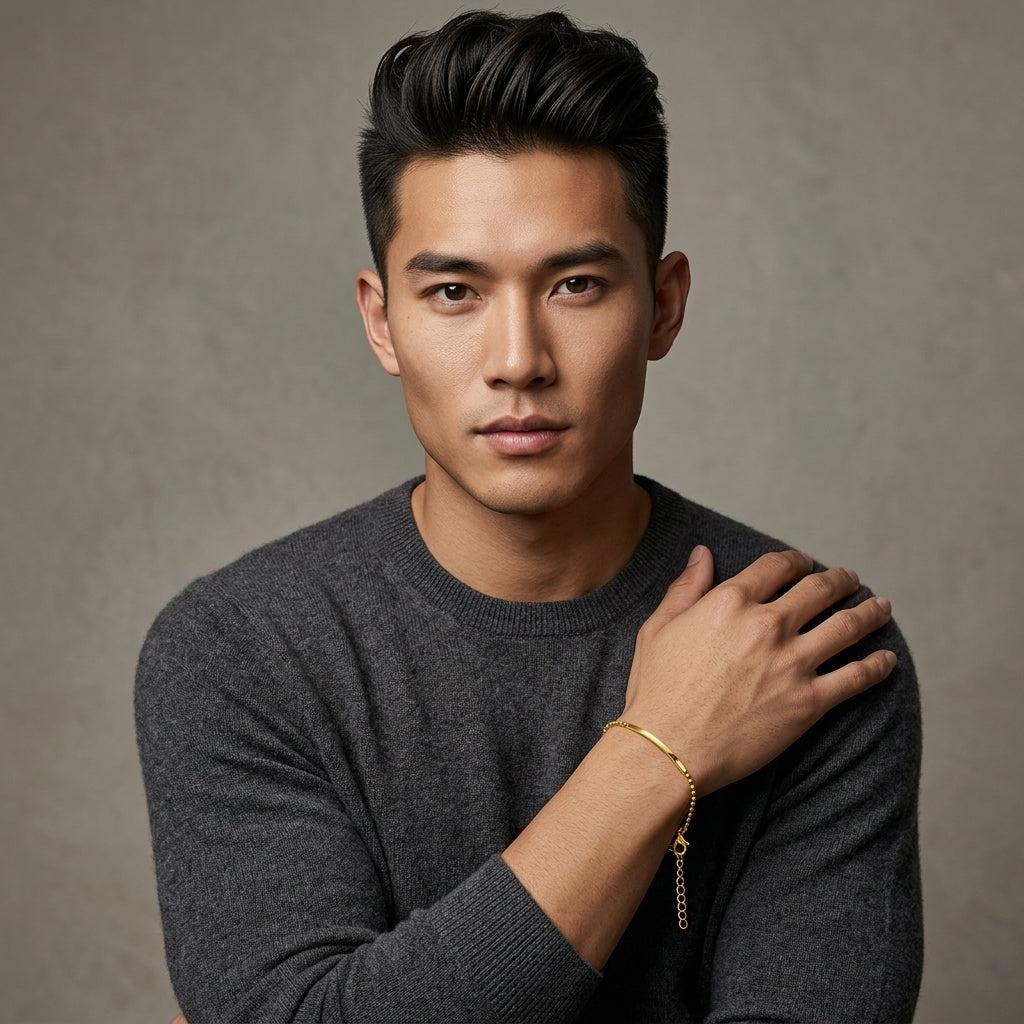 สร้อยข้อมือสแตนเลสแท้ ลายไข่ปลาประดับบาร์เงาสไตล์มินิมอล (Minimalist Gold Ball Chain Curved Bar Bracelet)
