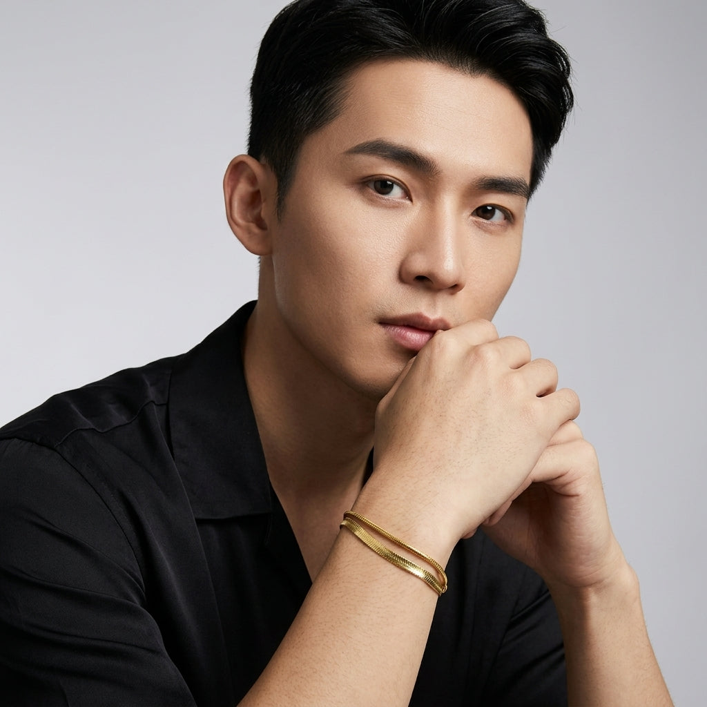 สร้อยข้อมือสแตนเลสแท้ สายคู่เลเยอร์แฮร์ริ่งโบนสลับสเน็ค (Premium Double-Layer Herringbone & Snake Gold Bracelet)