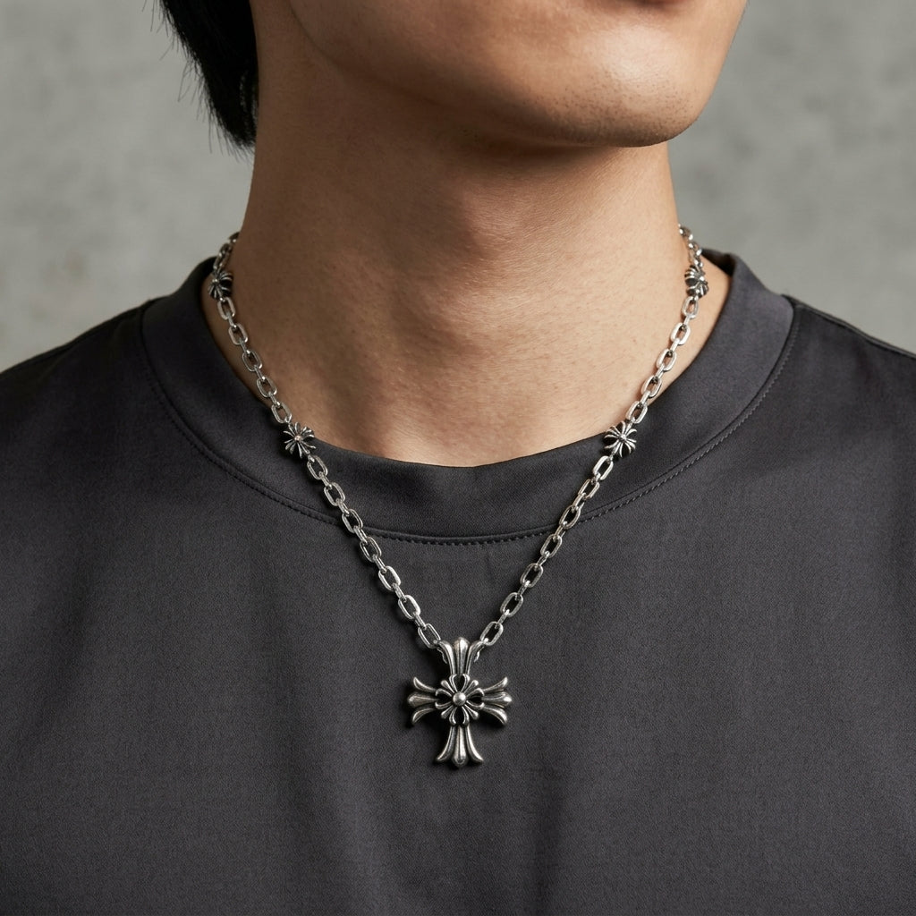 สร้อยคอสแตนเลสแท้ พร้อมจี้กางเขนสไตล์กอธิครมดำ (Gothic Cross Antique Silver Necklace)