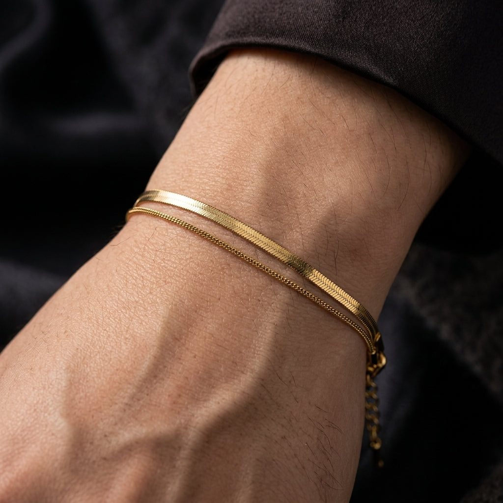 สร้อยข้อมือสแตนเลสแท้ สายคู่เลเยอร์แฮร์ริ่งโบนสลับสเน็ค (Premium Double-Layer Herringbone & Snake Gold Bracelet)