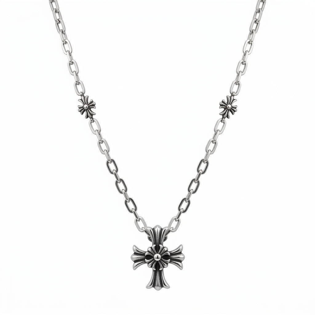 สร้อยคอสแตนเลสแท้ พร้อมจี้กางเขนสไตล์กอธิครมดำ (Gothic Cross Antique Silver Necklace)