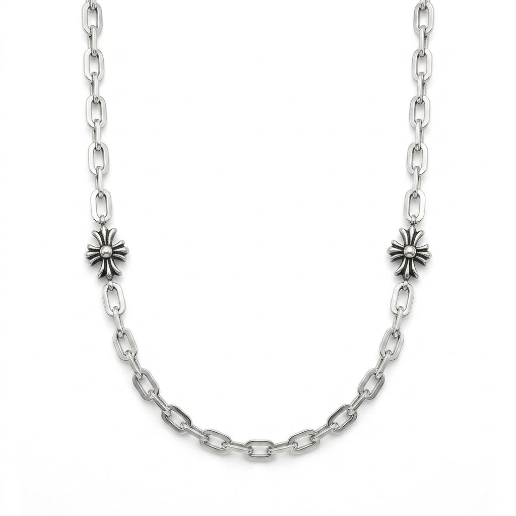 สร้อยคอสแตนเลสแท้ ลายโซ่สมอประดับกางเขนกอธิครมดำ (Gothic Cross Antique Silver Anchor Chain)