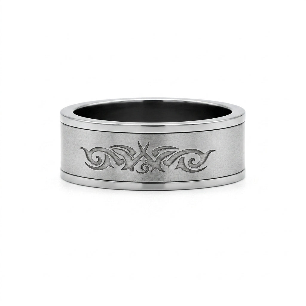แหวนสแตนเลสแท้ สลักลายไทรบัลขัดด้านซาติน (Classic Matte Satin Tribal Engraved Band Ring)